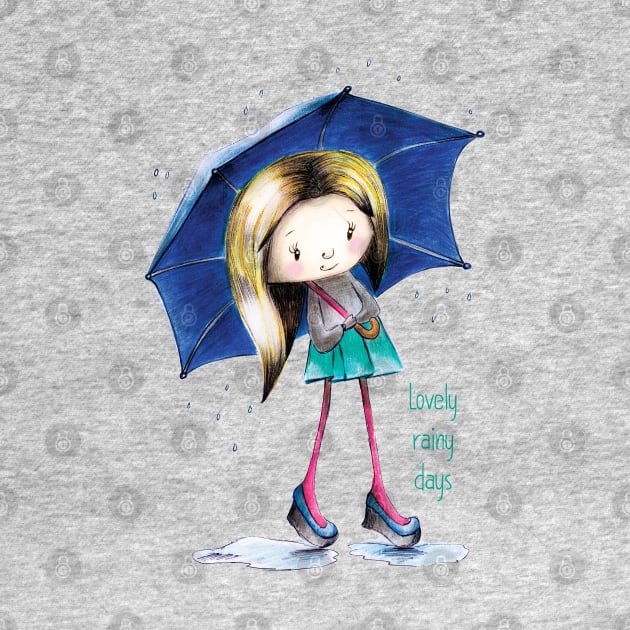 Cute girl in the rain with an umbrella by Olena Tyshchenko